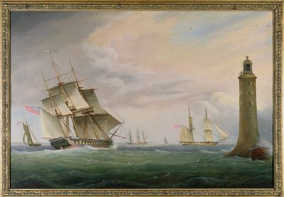 エディストーン灯台を通過するフリゲート艦と海軍旅団 作： Thomas L. Hornbrook