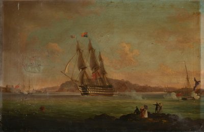 大提督としてクラレンス公を乗せ、ハモアーズからプリマス湾に向かうHMS「ブリタニア」、1828年7月27日、1828年頃（油彩・キャンバス） 作： Thomas L. Hornbrook