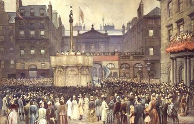 1885年11月23日、W.E.グラッドストーン議員がエディンバラの治安委員会に修復された市場の十字架を贈呈。 作： Thomas L. Sawers