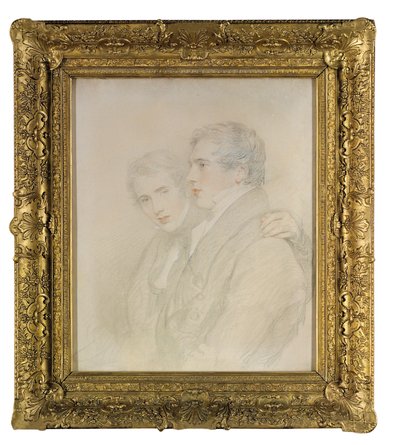 リチャード・ローランド・ブロクサム（1797-1877）とアンドリュー・ブロクサム（1801-1878）の二重の肖像画、ハーフレングス、プロフィール、1823年にサンドイッチ諸島[ハワイ]に向けて出発する前夜（黒、白、赤のチョークで準備されたキャンバス） 作： Thomas Lawrence