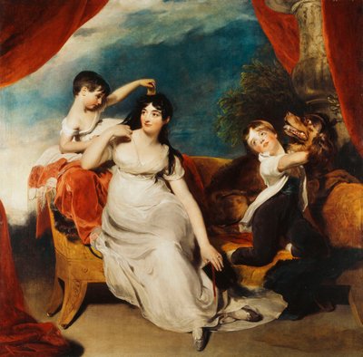 ヘンリーベアリング夫人と2人の子供と大きな犬のグループポートレート、その向こうの風景、c.1817-1824 作： Thomas Lawrence