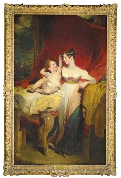 アンの肖像、ポリントン子爵、後にメクスバラ伯爵夫人（d。1870）、息子のジョン・チャールズ（1810-99）、後にメクスバラ伯爵4世、フルレングス、彼女は白いドレスを着てtにバラをつけた 作： Thomas Lawrence