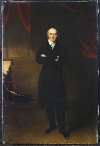 腕を組んだ状態で、室内に黒いコートを着て立っている全身のジョージ・カニングの肖像 作： Thomas Lawrence