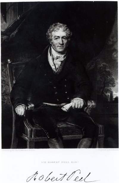 ロバート・ピール卿（1788-1850）の肖像、H、ロビンソン（彫刻）の彫刻（bw写真） 作： Thomas Lawrence