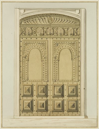聖ヨハネ教会 祭壇近くの内扉の彫刻（水彩・紙 作： Thomas Leeson the Elder Rowbotham