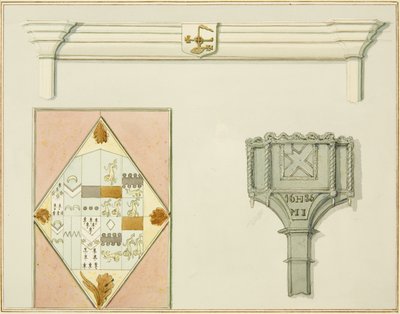 ハイストリート35番地の煙突、ステンドグラス、スノーボックス（水彩・紙 作： Thomas Leeson the Elder Rowbotham