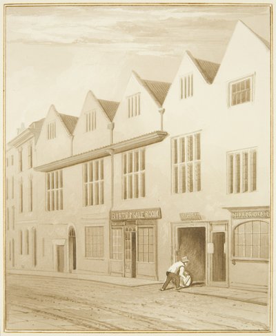 コルストンの家」の正面、小路（紙に水彩画 作： Thomas Leeson the Elder Rowbotham