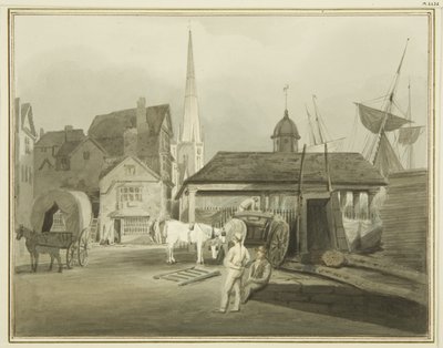 キング・ストリートの北東端、1802年のウェルシュ・マーケット（水彩・紙 作： Thomas Leeson the Elder Rowbotham