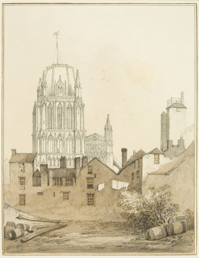 レッドクリフ教会とショット・タワーのあるレッドクリフ・ヒルの一部（水彩・紙 作： Thomas Leeson the Elder Rowbotham