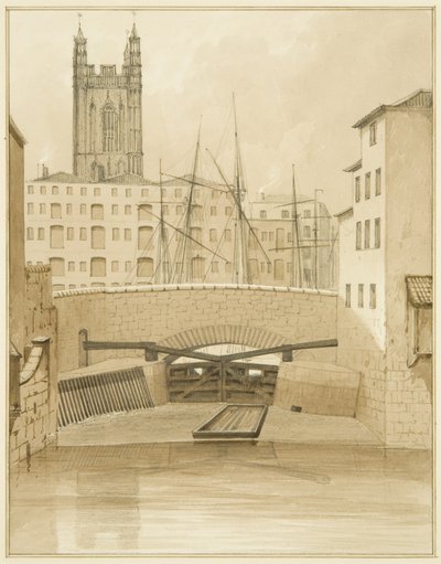水門のある石橋（鉛筆・水彩・紙 作： Thomas Leeson the Elder Rowbotham