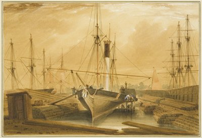 小さなマーチャント・ドックで改装中の「エメラルド・アイル」号 作： Thomas Leeson the Elder Rowbotham
