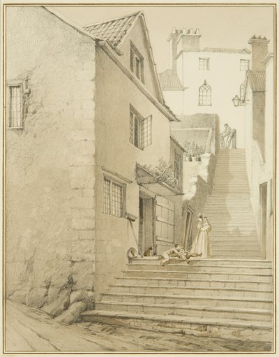 グリフィンレーンとチャーチレーンを結ぶ階段（水彩・紙 作： Thomas Leeson the Elder Rowbotham