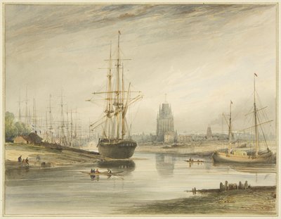 1804年頃、ロープウォークとワッピングの下から撮影された川を見上げる景色 作： Thomas Leeson the Elder Rowbotham