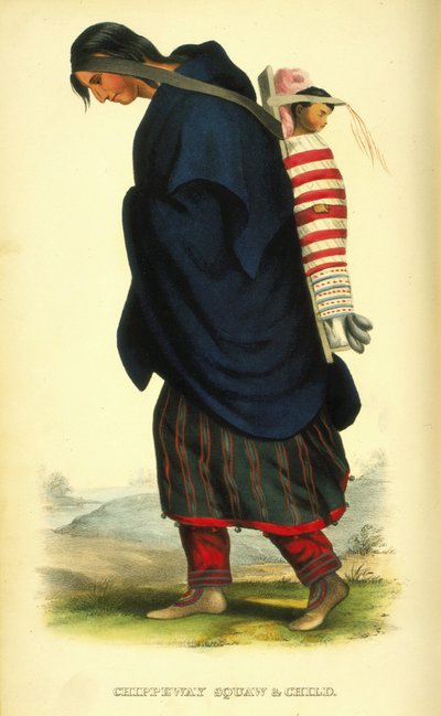 チッペウェイスコーアンドチャイルド、1848年（手彩色のリソ） 作： Thomas Loraine McKenney