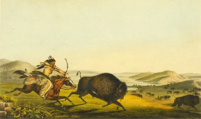 バッファローの狩猟、1848年（手彩色のリソ） 作： Thomas Loraine McKenney