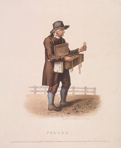 首に商品の入った箱をぶら下げた行商人、1820年 作： Thomas Lord Busby
