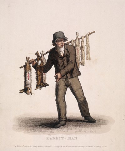 ウサギが吊るされた棒を運ぶウサギの売り手、1820年 作： Thomas Lord Busby