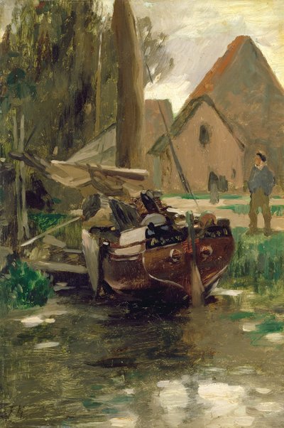 ボートのある小さな港（船上に置かれた紙に油彩） 作： Thomas Ludwig Herbst