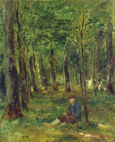 1878年、森に座る若い農夫（キャンバスに油彩、紙に油彩） 作： Thomas Ludwig Herbst
