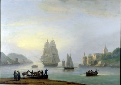 ダートマス港に入る旅客船、前景にフェリーあり1828 作： Thomas Luny