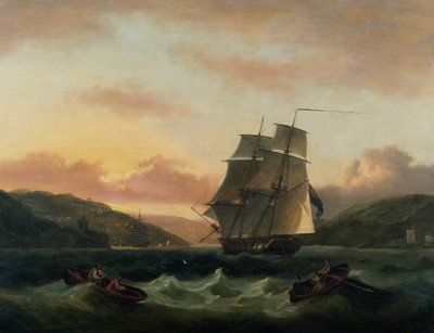 ダートマスハーバーの完全帆のブリガンティン 作： Thomas Luny