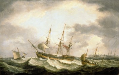 手で助けを借りてダウンズで漂流するスリーマスター（キャンバスに油彩） 作： Thomas Luny