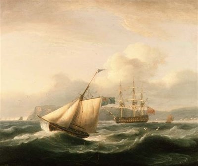 トーベイ港に停泊中の二階建て船とその手前のカッター 作： Thomas Luny