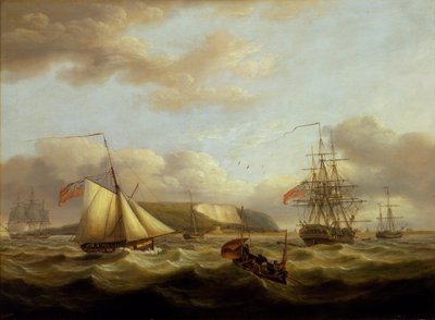 フリゲートの後方を通過するカッター、19世紀初頭、油彩・キャンバス 作： Thomas Luny