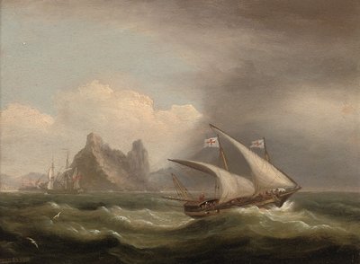 地中海での武装したゼベック、船尾から離れたイギリスのフリゲート、1822年 作： Thomas Luny
