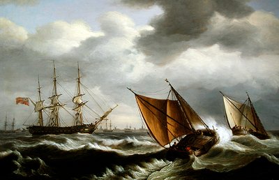 ハリッジ沖の強風の中、錨を下ろしたイギリスのフリゲート艦とオランダの沿岸船 作： Thomas Luny
