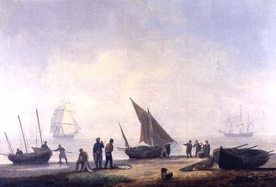 浜辺の漁師たちと沖合の船 作： Thomas Luny