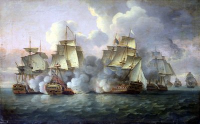 フランスとアメリカの艦船と交戦するHMS「メディエーター 作： Thomas Luny