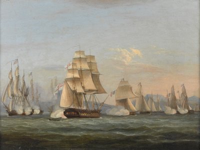 HMS スパルタン & フランスのフリゲート: 行動の開始、1810 年 5 月 3 日 (ナポリ湾) (キャンバスに油彩) 作： Thomas Luny