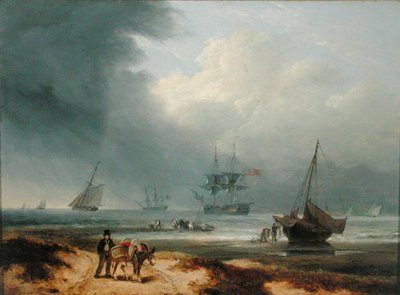 風の強い湾に船を出し、岸辺で働く男たちがいる 作： Thomas Luny