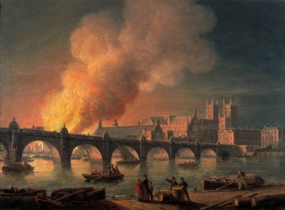 「ウェストミンスター橋とランベスからの国会議事堂の焼失」、1835 年 作： Thomas Luny