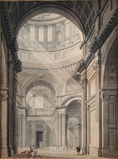 セント・ポール大聖堂の北入口からの内観（紙に水墨画） 作： Thomas Malton Jnr.