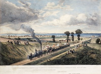 1830年5月3日の開業日に撮影された、チャーチストリートからのカンタベリーとウィスタブル鉄道の眺めc。 1830 作： Thomas Mann Baynes