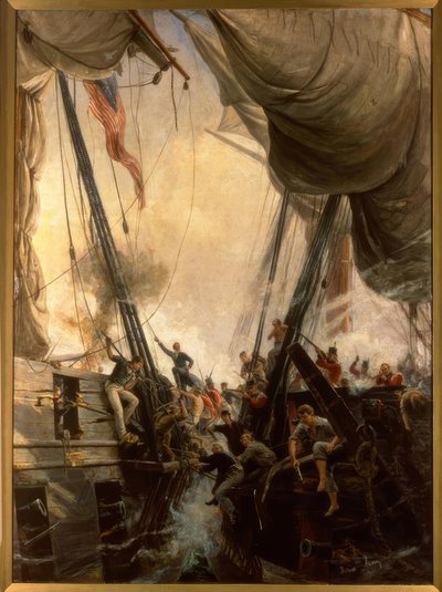 近接戦闘中のシャノンとチェサピーク、1813年-宝石。ヘミー、1895 作： Thomas Marie Hemy