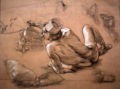 リクライニングした男性ヌード 1880年頃 （鉛筆、黒チョーク、白ボディカラー、紙） 作： Thomas Matthews Rooke