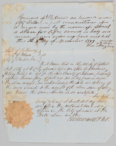 1851 年 11 月 1 日、ダニエルという男性のジェローム B. アニス宛ての売渡証書。 作： Thomas May