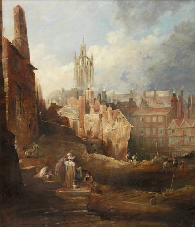 ハイレベルブリッジの発掘、ニューカッスルアポンタイン、c.1846 作： Thomas Miles Richardson