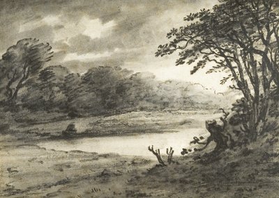 湖の情景（木炭、水彩、紙） 作： Thomas Monro