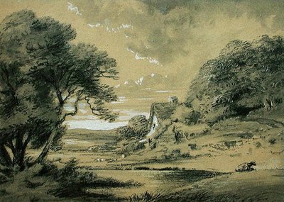 川辺のコテージのある風景」（木炭、ウォッシュ、ボディカラー、紙） 作： Thomas Monro