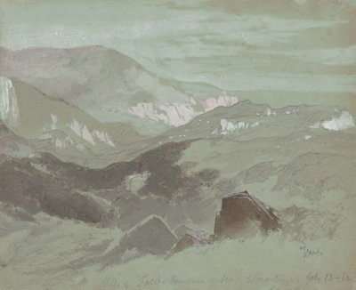 ヘイスティングス近郊のエクルズボーンの断崖、1862年（灰色の織り紙にウォッシュを施したグラファイト） 作： Thomas Moran