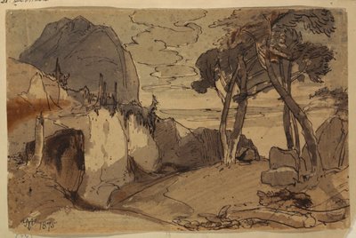 デッサン、山景色の中の道、1875年 作： トーマス・モラン