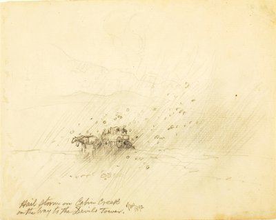 デビルズ・タワーへ向かうキャビン・クリークで雹が降る 作： Thomas Moran