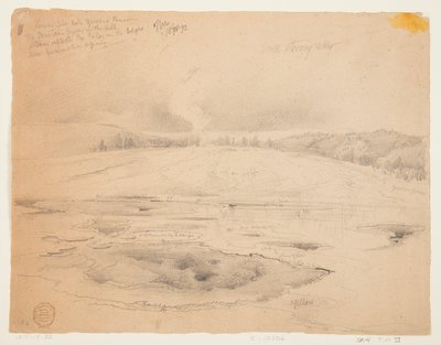 ローワー ファイアー ホール、ガイザー ベイスン、イエローストーン 作： Thomas Moran