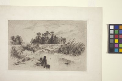 小川のある湿地の風景（紙にエッチング） 作： Thomas Moran