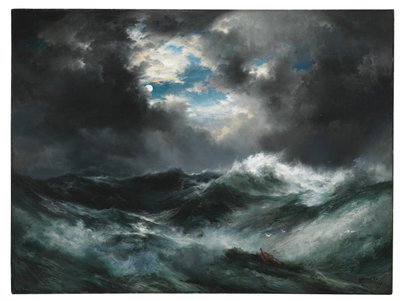 海で月明かりに照らされた難破船 作： Thomas Moran