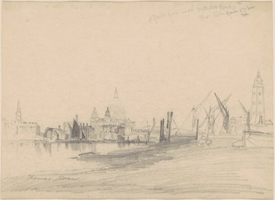 ウォータールー橋の下から見たセントポール教会、干潮 作： Thomas Moran